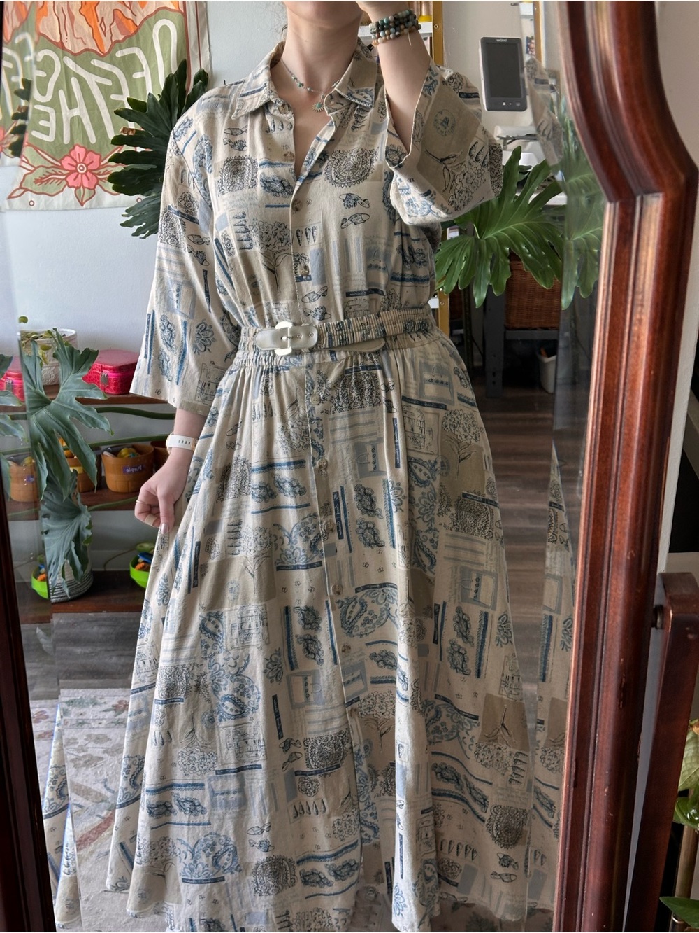 Rare Vintage Linen 70s/80s Printed Button-Front Midi Dress with Tie Waist - Picture 14 of 15